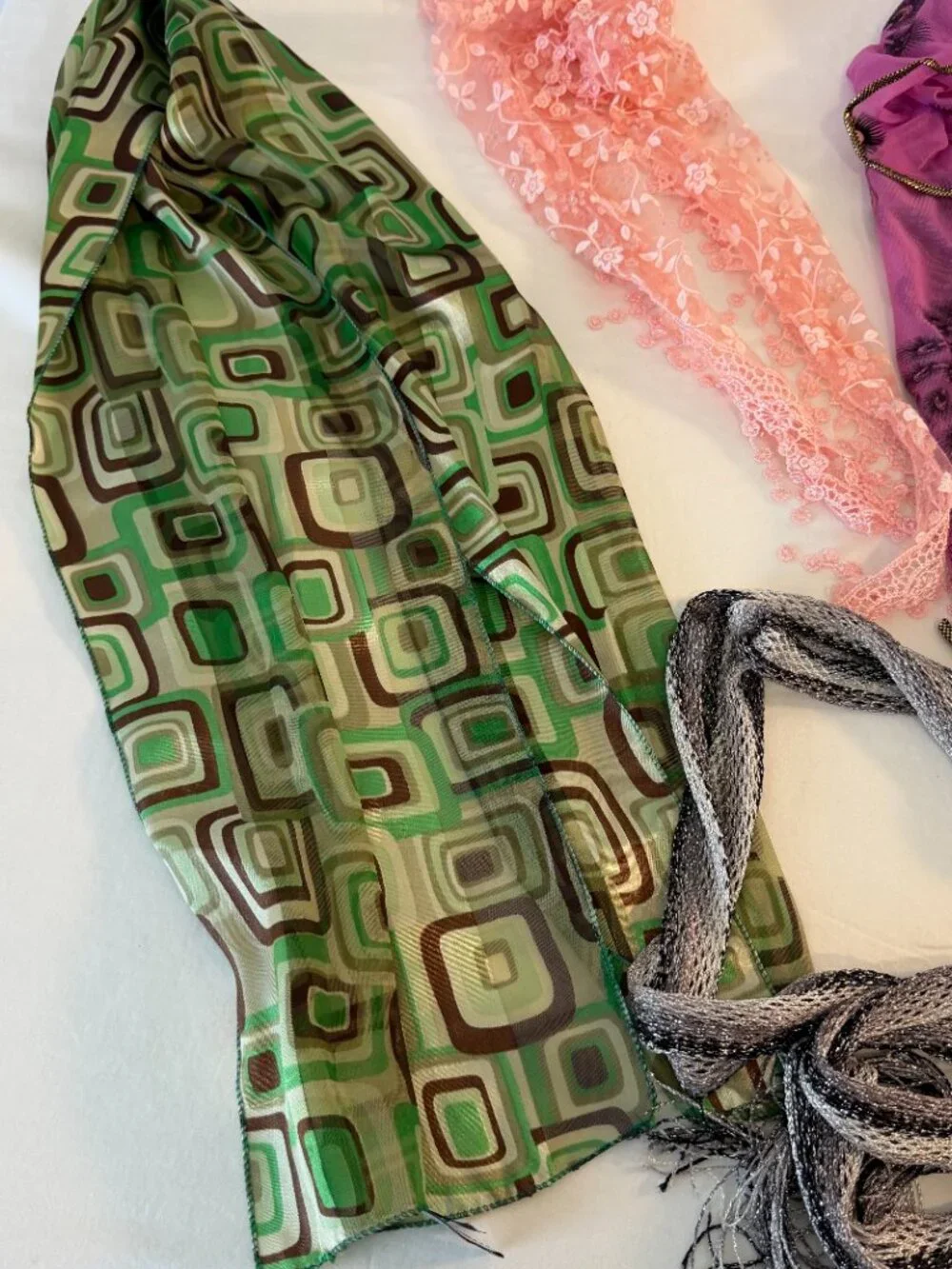 Lot of 4 Women's Fashion Scarves Sheer Lace Metallic Floral Assorted Colors